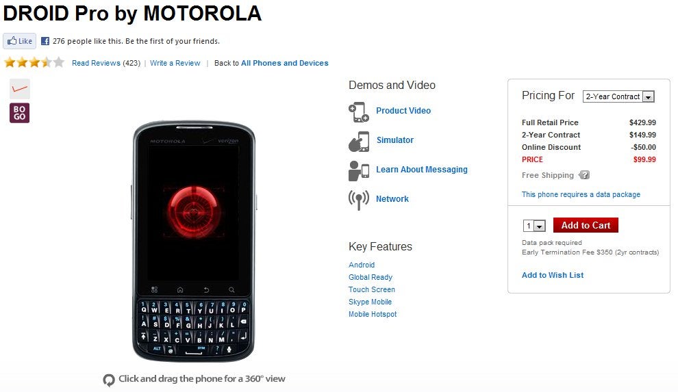 Motorola DROID Pro is now selling for $99.99 through Verizon's web site
