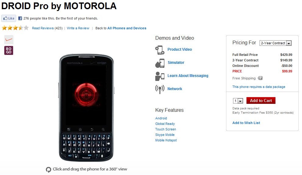 Motorola DROID Pro is now selling for $99.99 through Verizon&#039;s web site