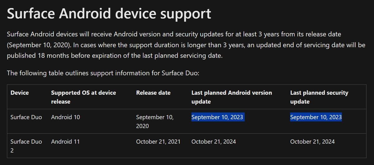 Software support schedule for Surface Duo and Surface Duo 2. Image credit Windows Central - Happy 3rd Birthday to OG Surface Duo; Microsoft drops all software support
