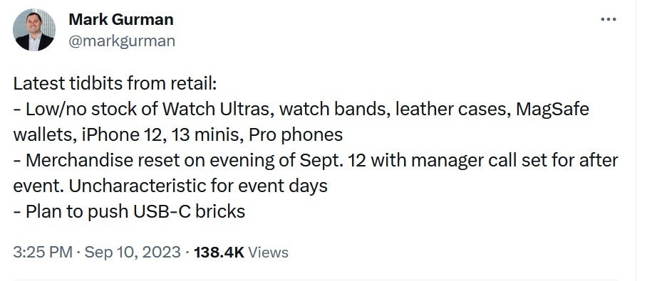 Tweet from Mark Gurman - Ahead of Tuesday's event, the Apple Store is running low on certain devices