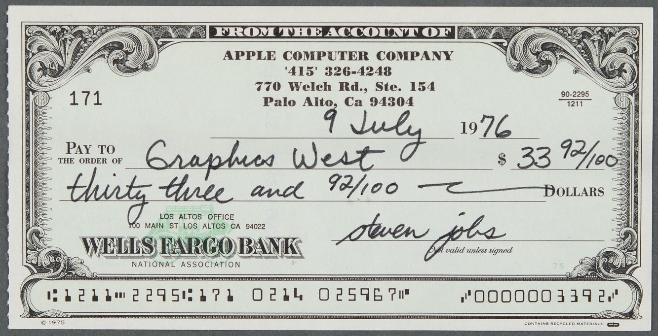 Steve Jobs signed this Apple Computer Company check back in 1976 - 2010 iPad signed by Jobs, a 2007 "Holy Grail" iPhone among Apple devices being auctioned off