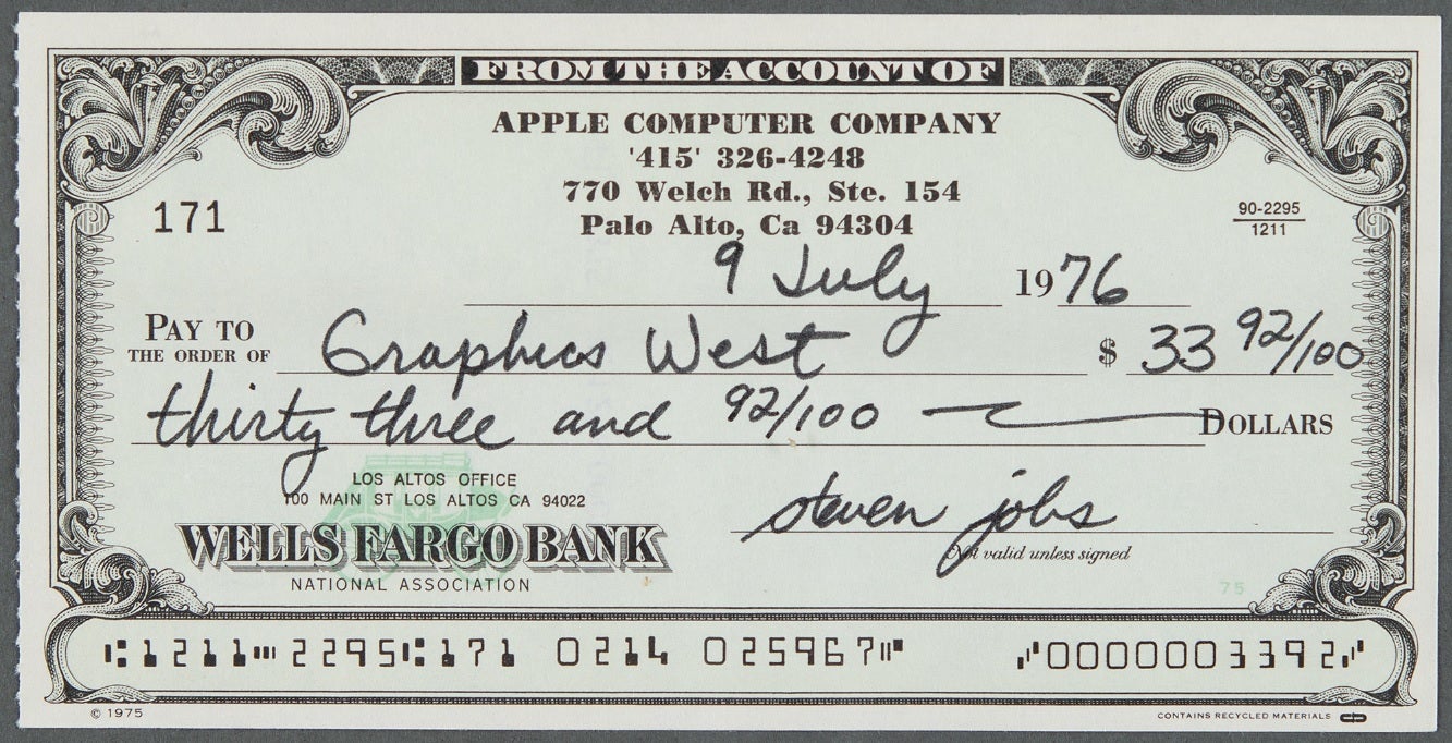 Steve Jobs signed this Apple Computer Company check back in 1976 - 2010 iPad signed by Jobs, a 2007 &quot;Holy Grail&quot; iPhone among Apple devices being auctioned off