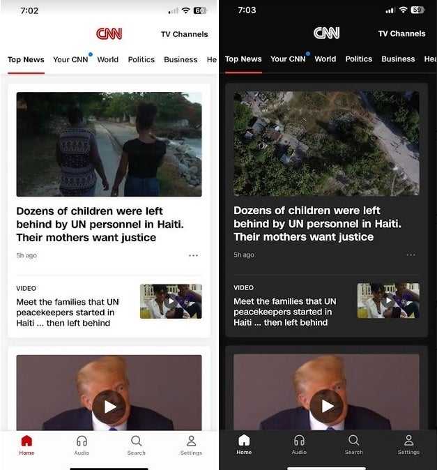 This is CNN in Light Mode and Dark Mode for iOS and Android - "This is CNN"-in Dark Mode for both iOS and Android devices