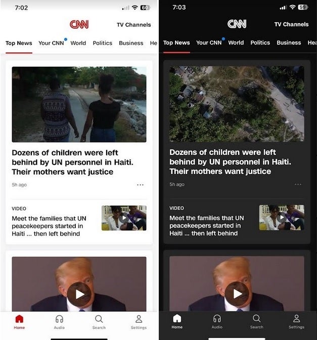 This is CNN in Light Mode and Dark Mode for iOS and Android - &quot;This is CNN&quot;-in Dark Mode for both iOS and Android devices