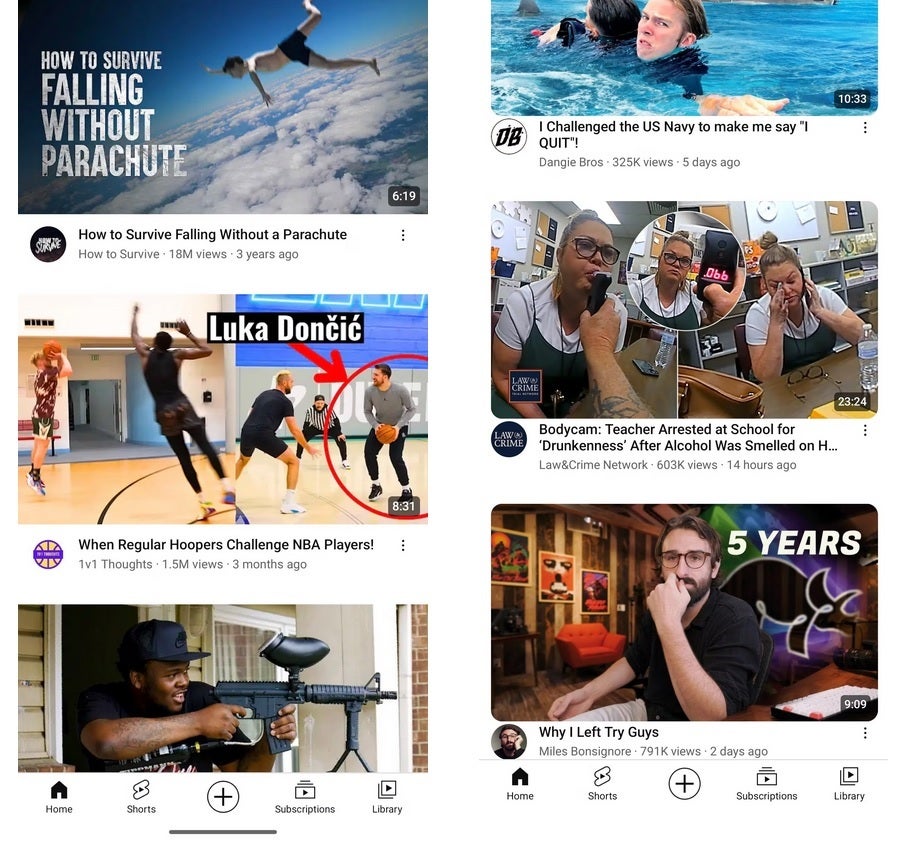 The current look of the Android YouTube app is on the left; the new look thumbnails can be seen on the right - Google makes a small change to the Android version of the YouTube app