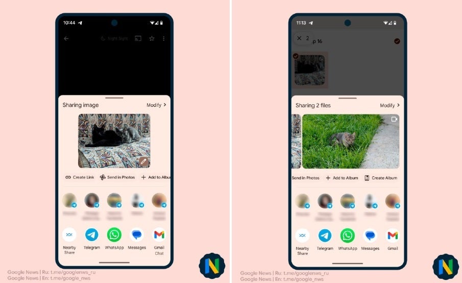 Google Photos will soon use the Android 14 native share sheet. Image credit-Google News Telegram - Native Android 14 share sheet will replace the custom menu on Google Photos