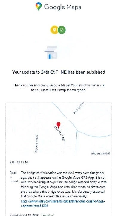 Google finally edits Google Maps to stop leading drivers to the collapsed bridge - Family sues Google and others alleging that the Maps app led husband to his death