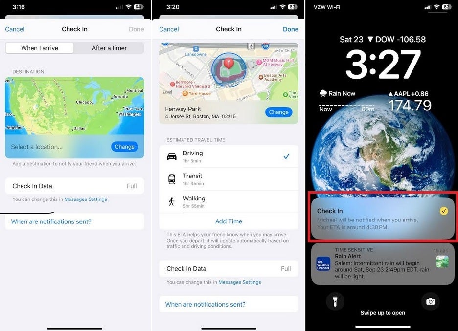 Setting a Check In for a trip to Fenway Park - How iPhone users with iOS 17 can stop their parents, spouses, and friends from worrying