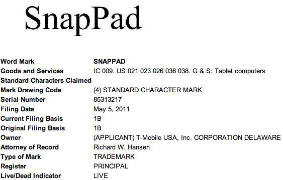 T-Mobile reserves the SnapPad brand, looks like a new tablet