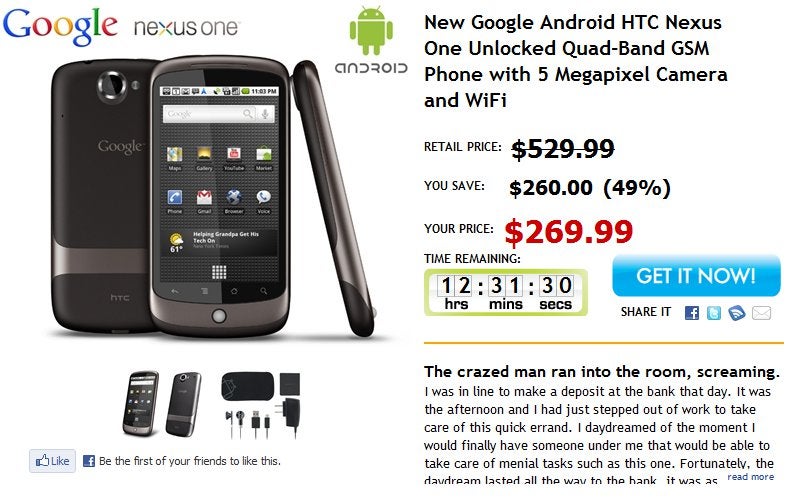Unlocked &amp; no-contract required Google Nexus One is selling for $270