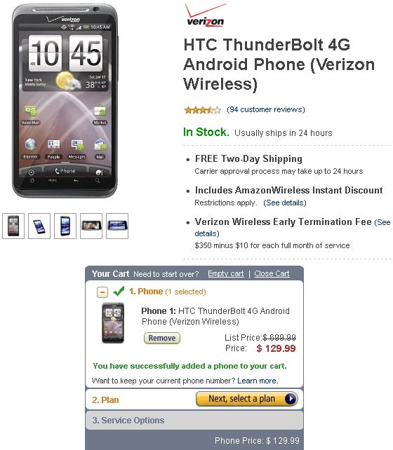 Amazon prices the HTC ThunderBolt to $129.99 for a limited time