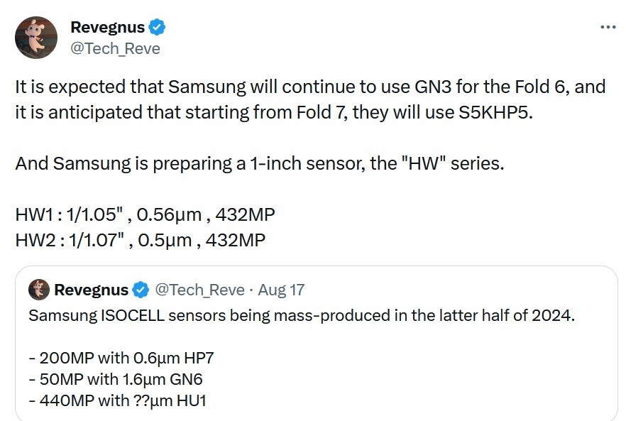 Tipster Revegnus says that Samsung has a pair of 432MP image sensors on the way - We could see a 432MP camera on a Galaxy S Ultra handset in the near future