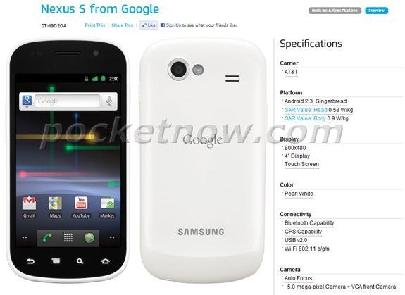 White Nexus S is briefly spotted on Samsung&#039;s web site showing AT&amp;T support