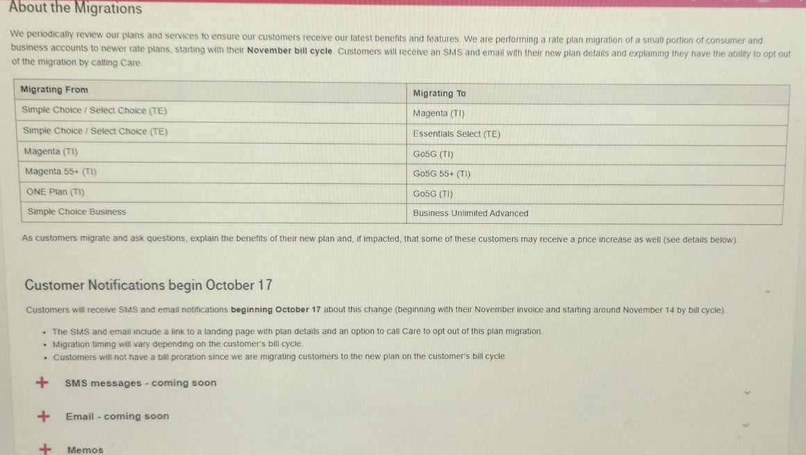 Leaked image of a T-Mobile internal message - Leaked internal memo reveals T-Mobile will move some customers to pricier newer plans