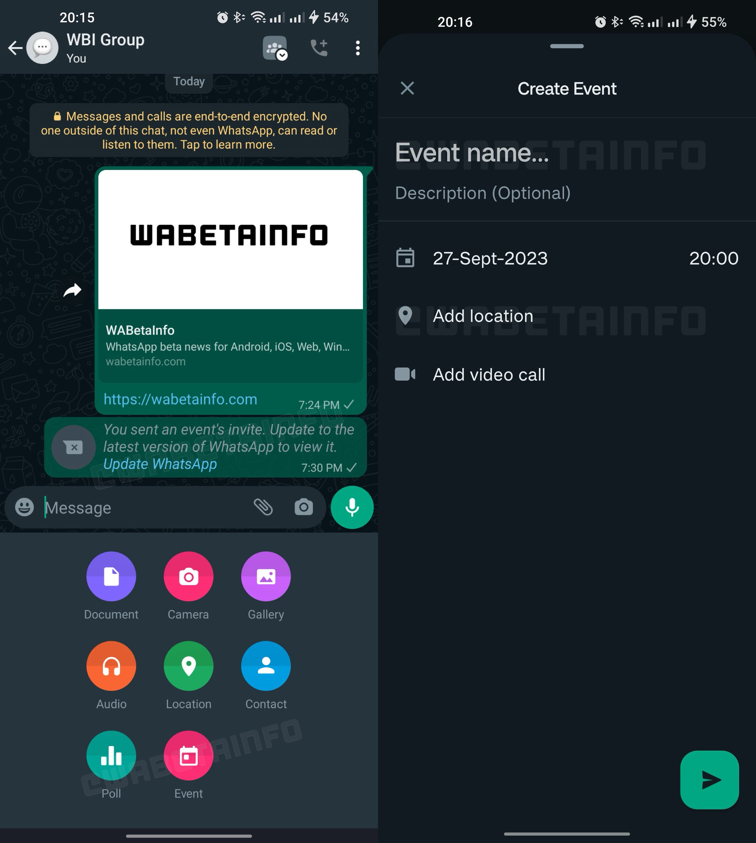 Image Credit–WABetaInfo - WhatsApp might soon allow you to create group chat events