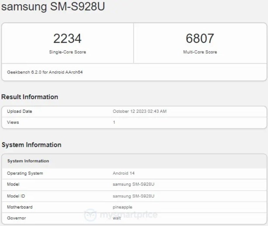 Geekbench result for a U.S. Galaxy S24 Ultra running the Snapdragon 8 Gen 3 - Tests show Exynos 2400 holding its own against Snapdragon 8 Gen 3