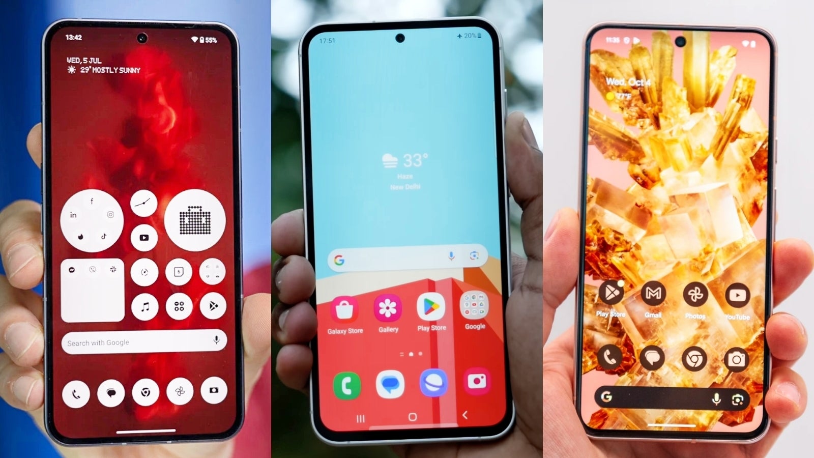 Nothing Phone 2 (left), Galaxy S23 FE (middle), Pixel 8 (right). Samsung’s affordable flagship doesn’t look anywhere as premium as it should, and you can blame the thick display borders. - Galaxy S23 FE vs Pixel 8 vs Nothing Phone 2: Samsung’s confusing flagship wins (but not today)