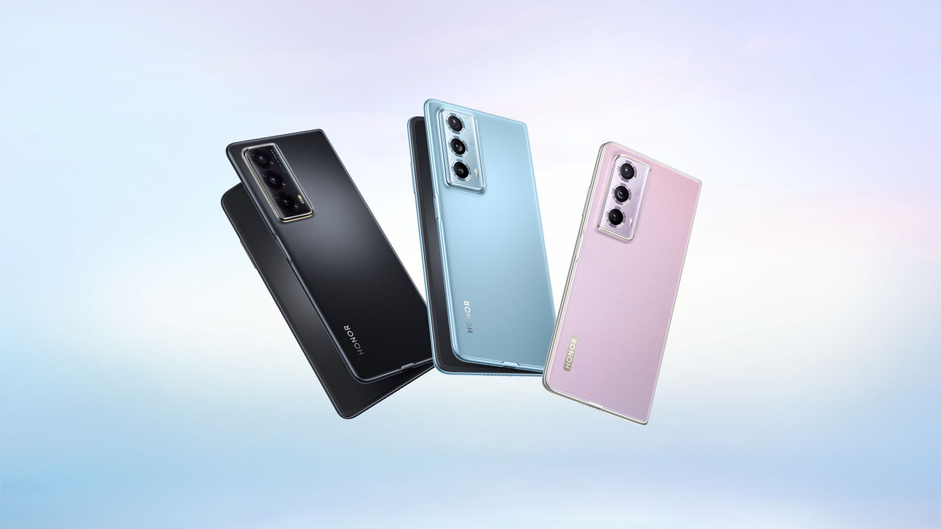 The Honor Magic Vs2 in&amp;nbsp;Midnight Black, Violet Coral, and Glacier Blue - The Honor Magic Vs2 uses a 3D-printed hinge and an aerospace-grade magnesium alloy body