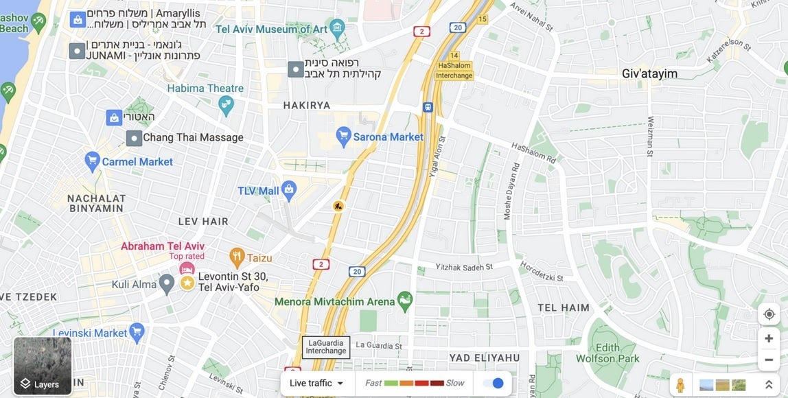 Web version of Google Maps showing traffic conditions in Israel before disabling the feature temporarily - Google Maps, Waze disable their live traffic feature in Israel