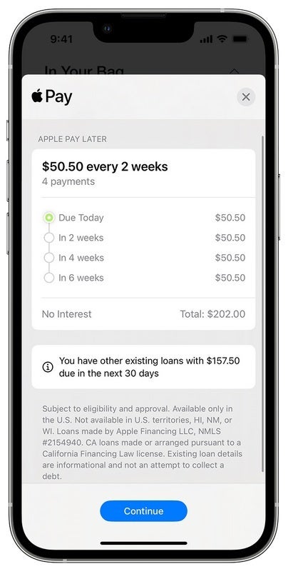 Apple Pay Later payments are laid out in an easy-to-understand format - All U.S. iPhone, iPad users can now borrow up to $1,000 from Apple for 6 weeks interest free