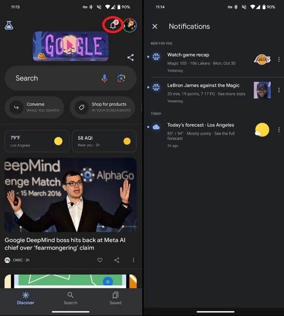 The new notification feed on the Android version of the Google app - Google app on Android and iOS adds a new useful notification feed
