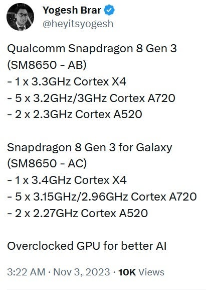 Tipster Yogesh Brar compares the two Snapdragon 8 Gen 3 variants - Chipset for the Galaxy S24 Ultra is reportedly both overclocked and underclocked