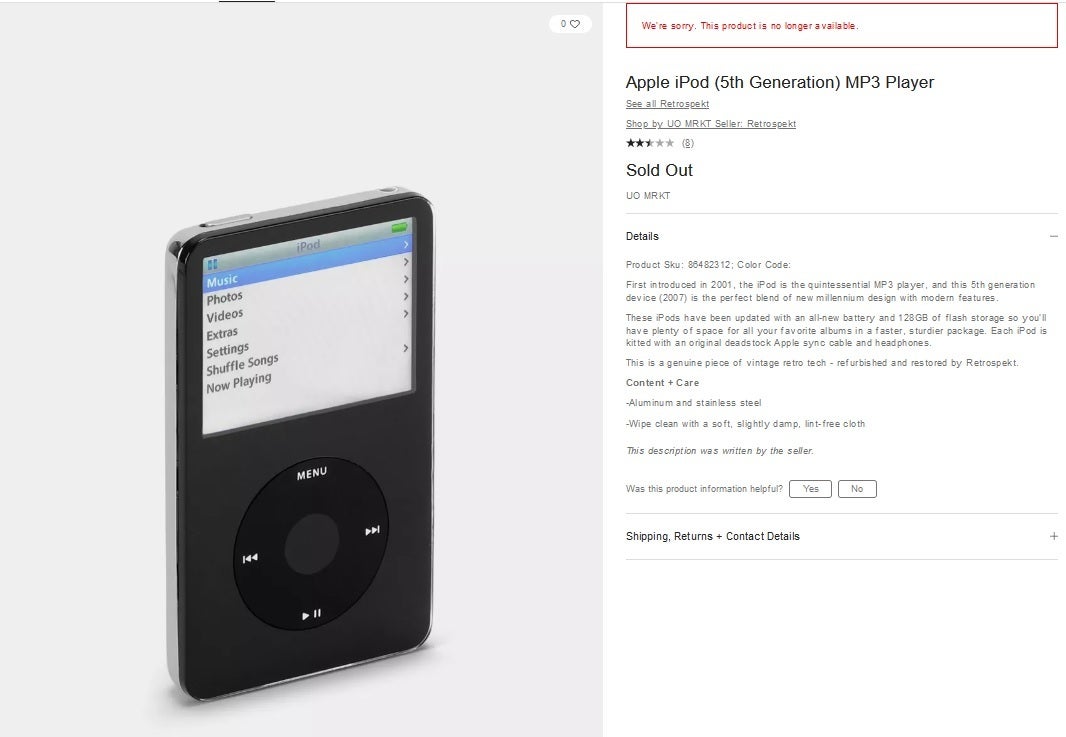 El listado en el sitio web de Urban Outfitters indica que el iPod reacondicionado de quinta generación está agotado; las unidades MP3 del iPod reacondicionado de quinta generación se venden en línea