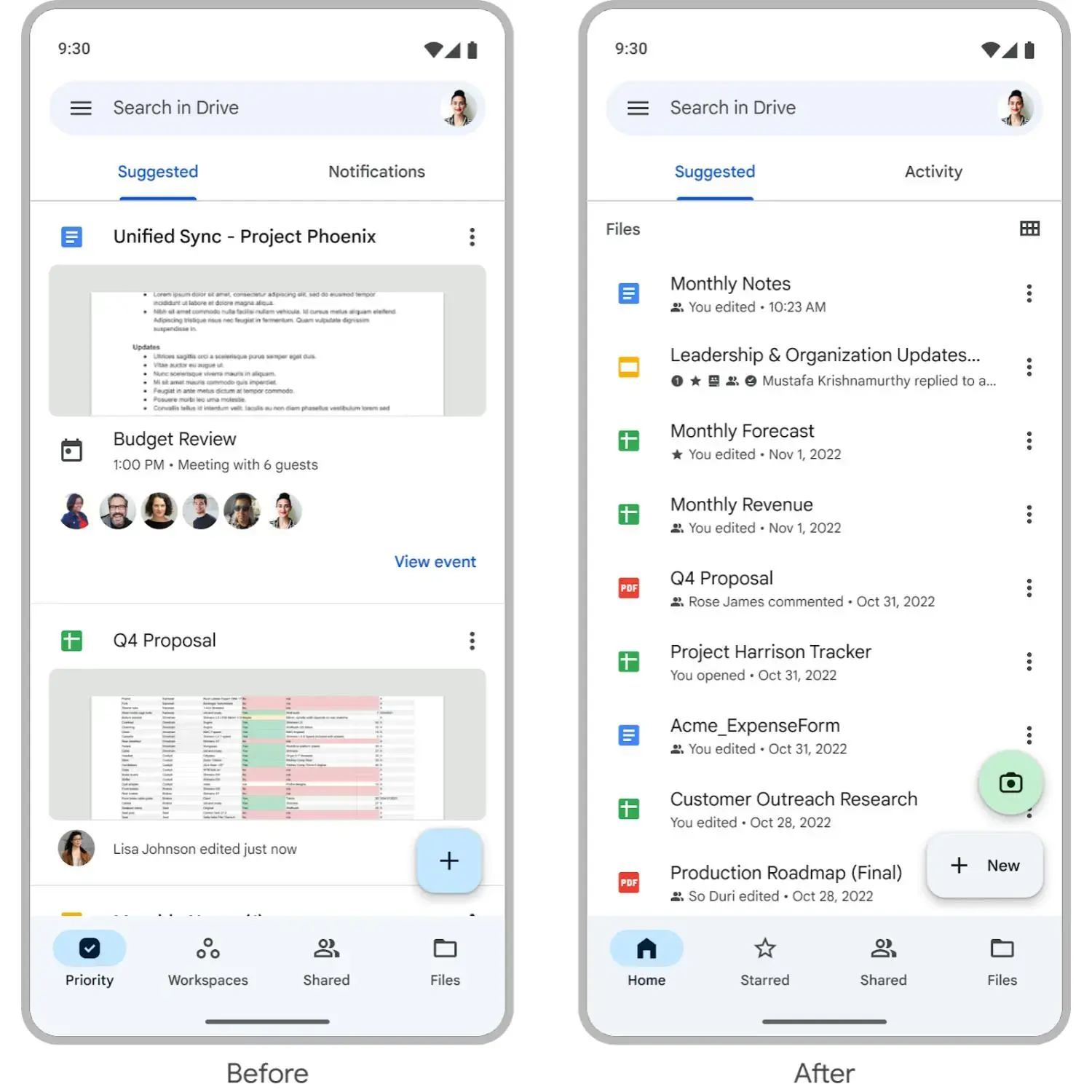 (Image Source - 9to5Google) The homepage before and after the new update - Google Drive gets a revamped homepage for Android and iOS users