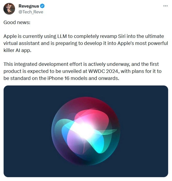 Tweet do informante @Tech_Reve explica como a Apple melhorará o Siri usando LLM - Versão atualizada do Siri com recursos de IA com rumores de estreia na WWDC 2024