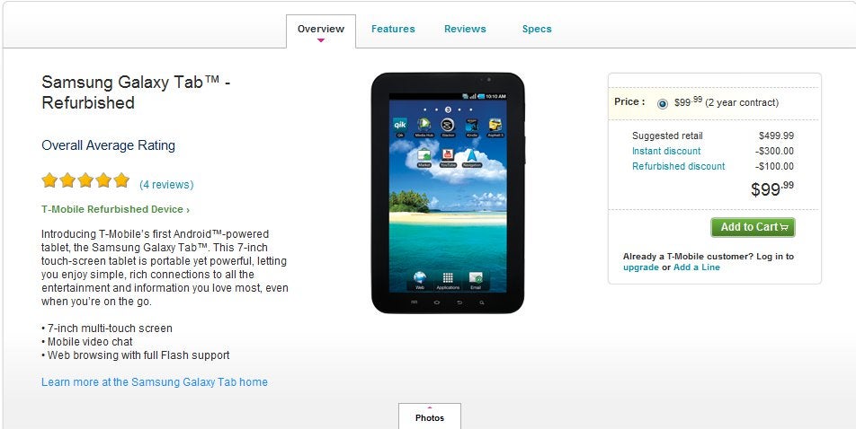 T-Mobile is selling refurbished Samsung Galaxy Tab units for $100 on-contract
