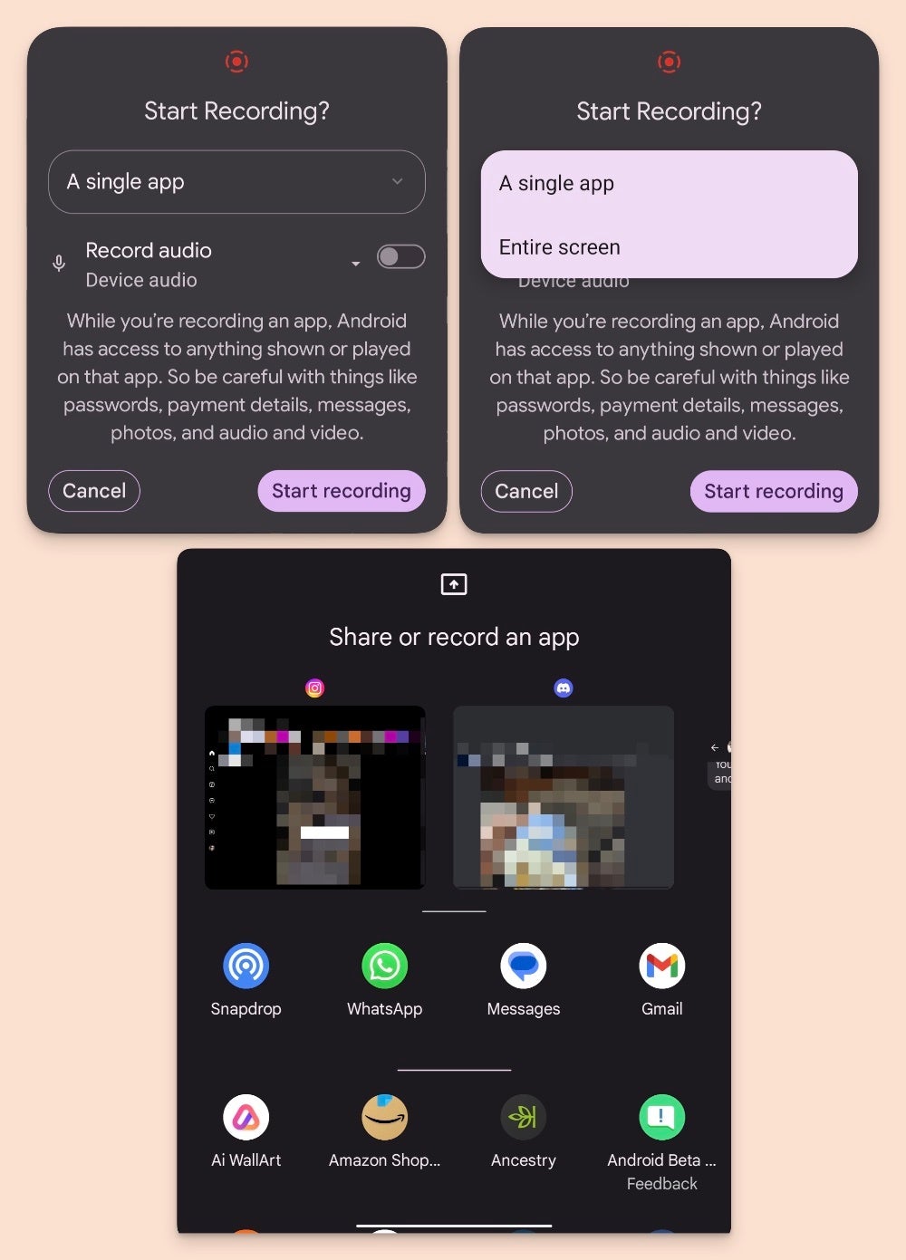 Android 14 single app recording prompts - Latest Android 14 beta debuts &quot;single-app&quot; casting and screen recording feature on Pixel devices