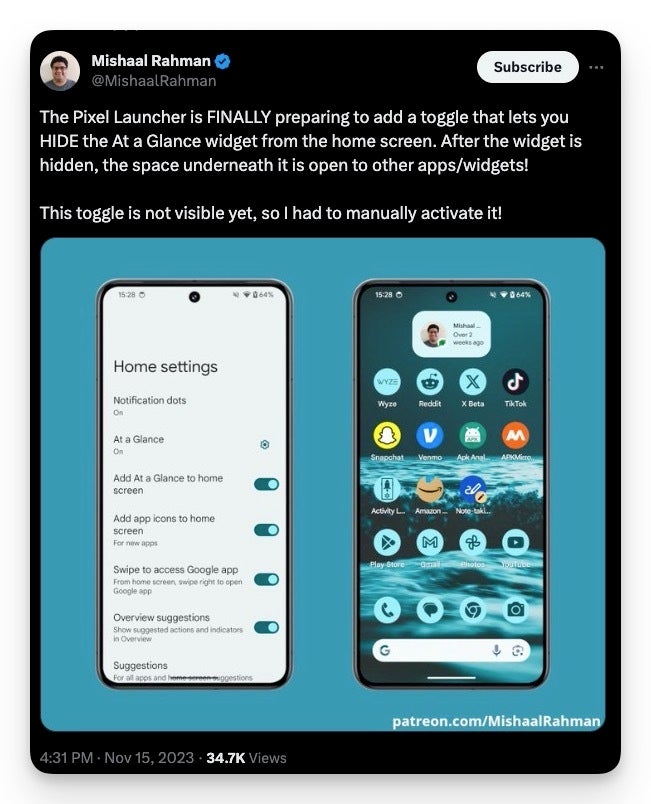 Source - Mishaal Rahman - You may soon be able to hide the "At a Glance" widget on Pixels