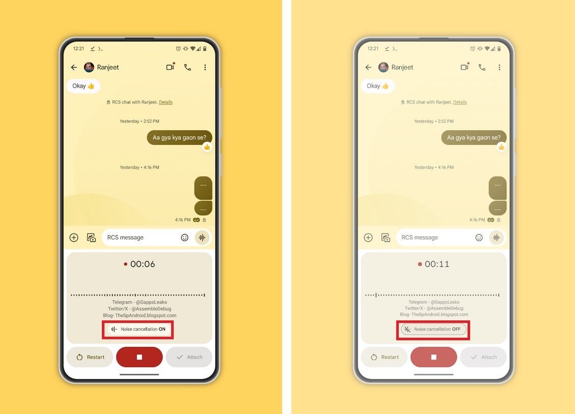 Screenshots showing the noise cancellation switch on (L) and switched off (R) in the voice recording dialogue box - Noise cancellation is coming to voice recordings on Google Messages