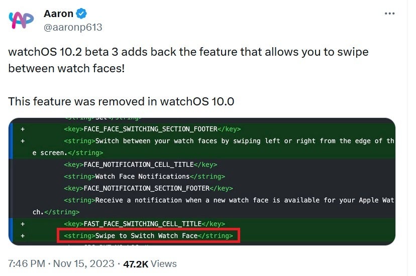 Strings of code show Swipe to Switch Watch Face returning in watchOS 10.2 - Apple Watch will get back a popular and useful feature in watchOS 10.2