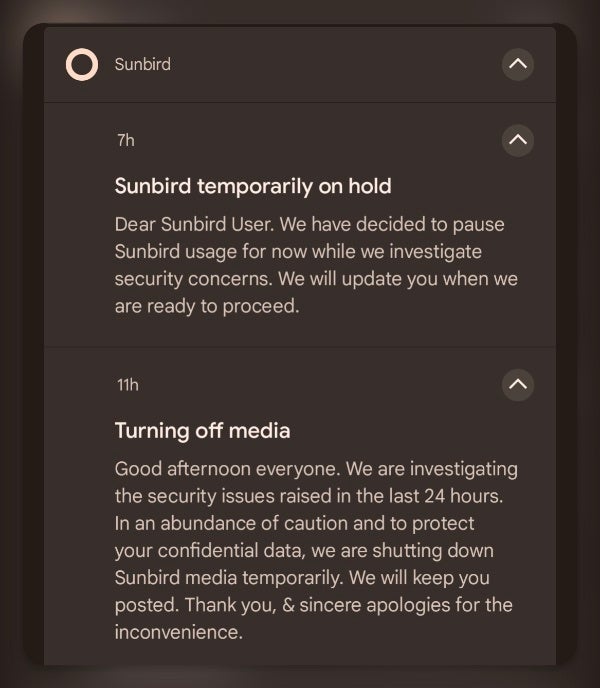 Notification received earlier by Sunbird users advising that the app is temporarily on hold | Source -&nbsp;ijeffgarden (Reddit) - Sunbird iMessage app for Android shuts down temporarily amid privacy concerns