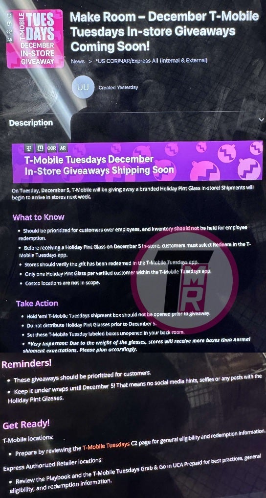 Leaked internal T-Mobile memo about the holiday-themed pint glass - Leaked internal memo reveals a holiday-themed gift for T-Mobile subscribers coming December 5th