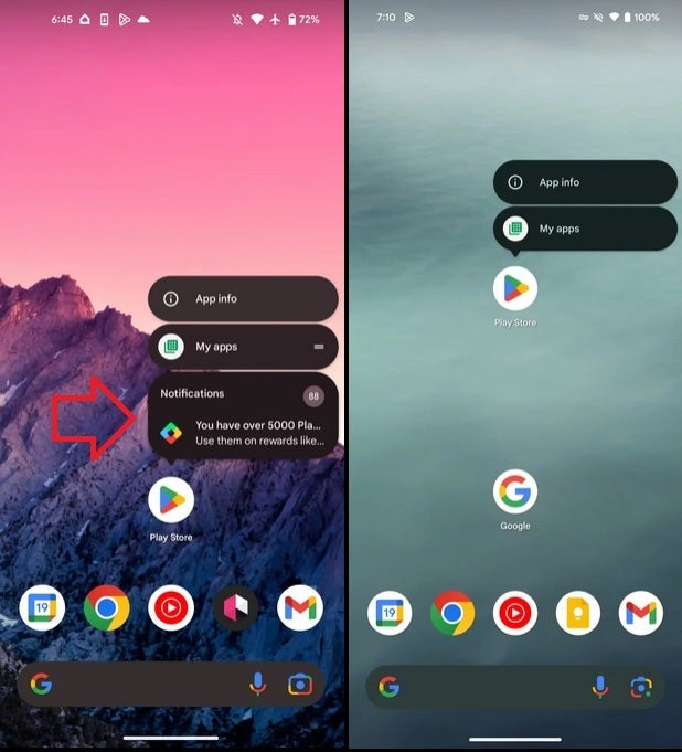 O Android 13, à esquerda, mostrou notificações ao manter pressionado o ícone de um aplicativo. Esse recurso terminou com o Android 14. Crédito da imagem-9to5Google - Os usuários do Android reclamam depois que o Google remove o popular recurso de notificação do ícone do aplicativo na tela inicial