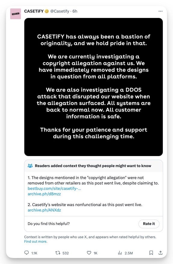 Casetify&#039;s post on X responding to the accusations - Casetify sued by Dbrand and JerryRigEverything for stealing its Teardown skin designs