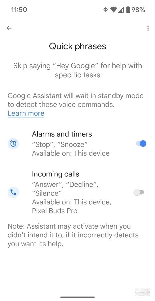 Page des paramètres des phrases rapides sur Pixel Fold – Google étend les phrases rapides de l'Assistant pour gérer les appels entrants vers les Pixel Buds Pro