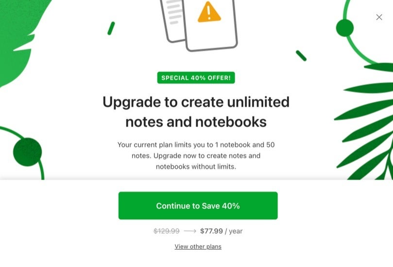 Alguns usuários do Evernote no nível gratuito receberam esta mensagem pop-up – Evernote testando novos limites para usuários gratuitos, esperando que eles paguem por uma conta paga