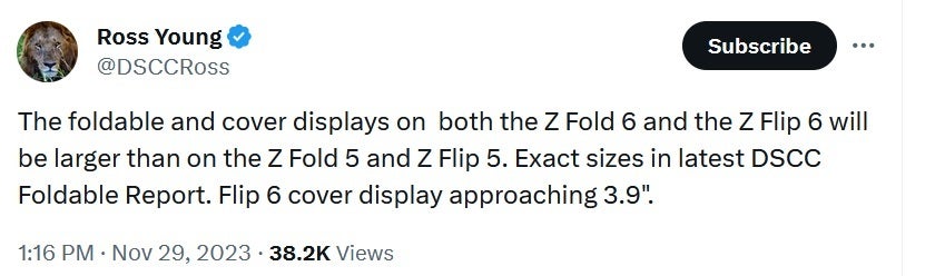 Ross Young says to expect Sammy&#039;s 2024 foldables to have larger internal and external displays - Accurate tipster says to expect larger external, internal displays for the Flip 6 and Fold 6