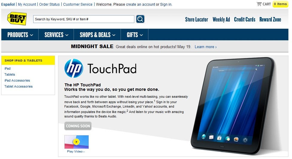 HP TouchPad is being teased as "coming soon" on Best Buy's web site