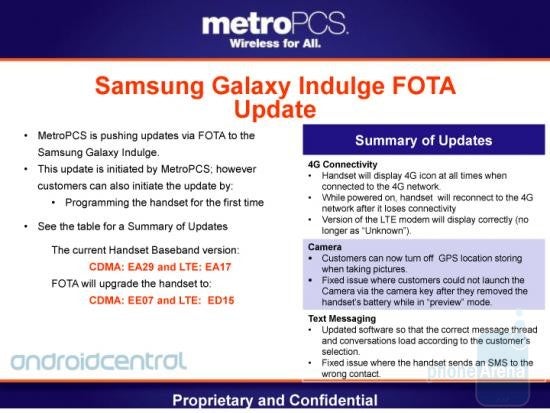This FOTA upgrade for the Samsung Galaxy Indulge takes care of bugs related to the 4G connectivity, camera and text messages - Samsung Galaxy Indulge gets FOTA update pushed by MetroPCS