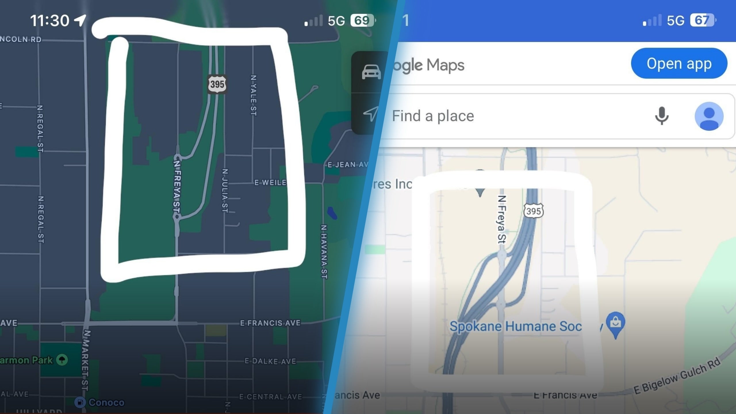 Apple Maps (L) failed to include a new roadway that was included (R) in Google Maps - There is a big flaw that Apple Maps must fix in order to compete with Google Maps