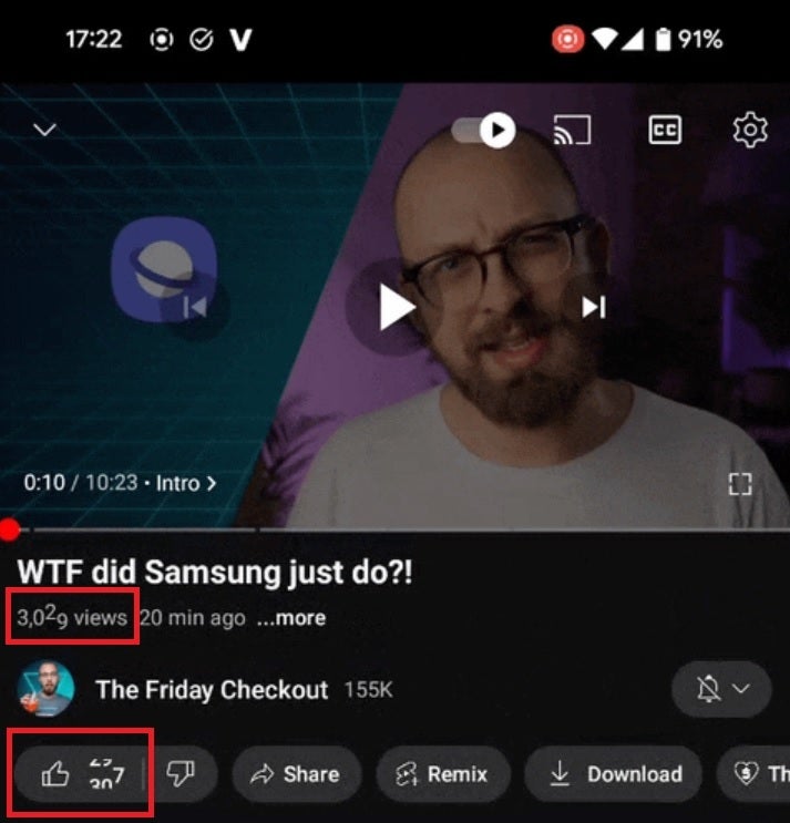 Red boxes show the number of views and likes of this video rolling higher in real time - YouTube will now show you the number of views and likes a video has in real-time