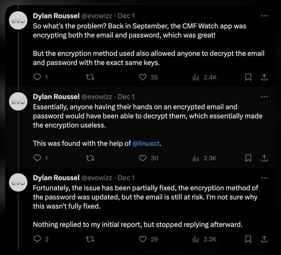 Source - Dylan Roussel | X - The Nothing CMF watch app was also discovered to have security flaws