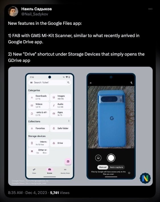 Source -&nbsp;@Nail_Sadykov on X - Files by Google app is getting Smart Search and Google Drive's new document scanner