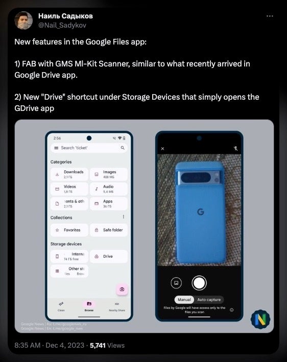 Source - @Nail_Sadykov on X - Files by Google app is getting Smart Search and Google Drive's new document scanner