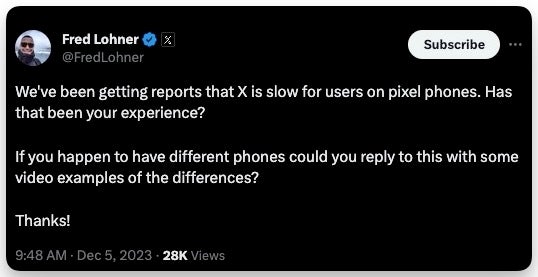 X / Twitter acknowledges and is investigating performance issues on Google Pixel devices