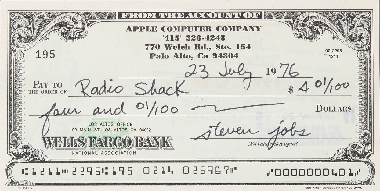 Signed by the late Steve Jobs, this check from 1976 fetched $46,043 at auction - Check signed by Steve Jobs 11,128 days before the iPhone was announced is sold at auction
